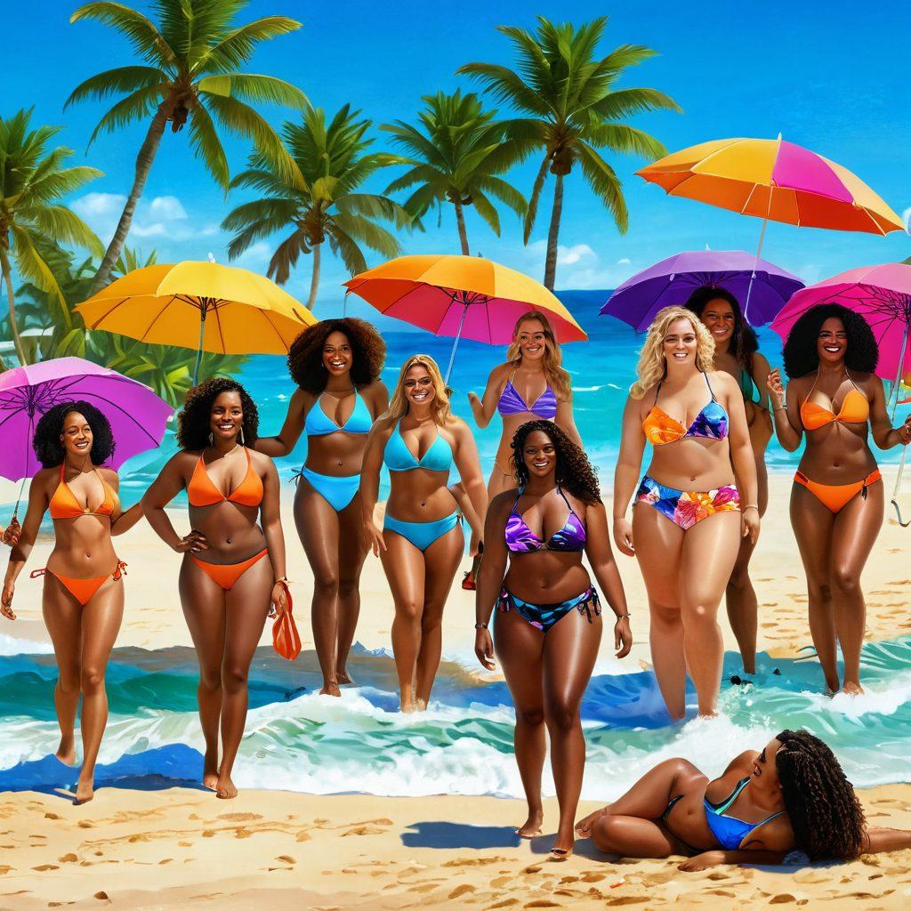 A vibrant beach scene showcasing diverse women of various body types wearing stylish lesbian bikinis and feminine swimwear. They are joyfully playing in the surf, sunbathing, and laughing together, surrounded by colorful beach umbrellas and tropical palm trees. The atmosphere is lively and inclusive, highlighting body positivity and confidence. Bright and bold colors enhance the summer vibe. super-realistic. vibrant colors. beach background.