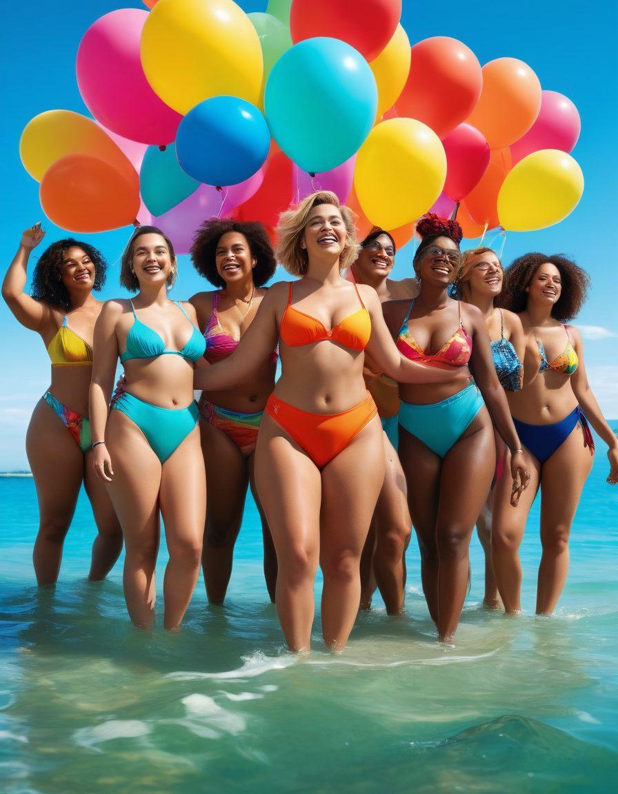 A diverse group of individuals of various body types and genders joyfully wearing vibrant, gender-inclusive swimwear at a sunny beach. Colorful balloons and banners celebrating inclusivity fill the background, while the ocean sparkles under a clear blue sky. The scene radiates positivity, confidence, and self-expression. super-realistic. vibrant colors. sunny beach setting.